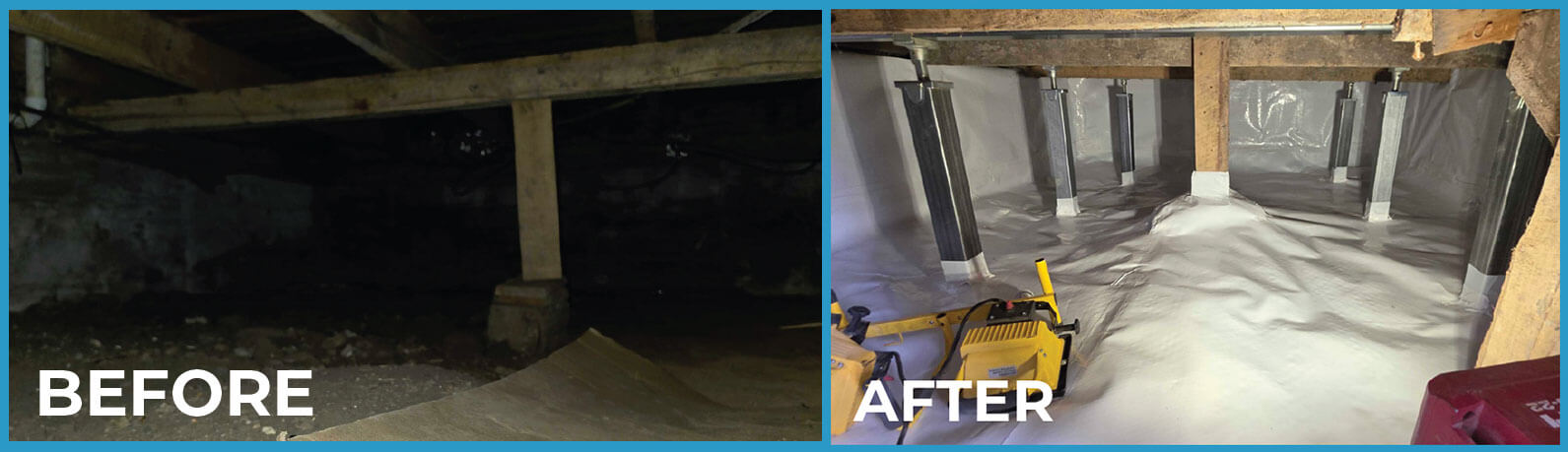 Crawl space before and after encapsulation and support posts